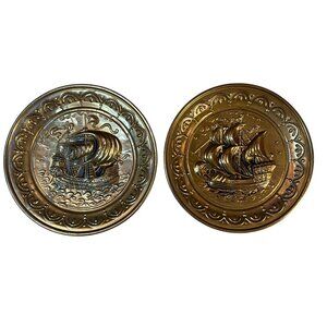 Vintage Brass Wall Plates Embossed With Ship Motif Made In England Decor